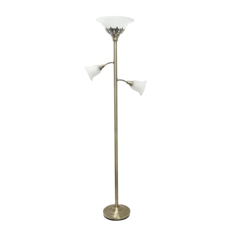 Torchiere Floor Lamp With 2 Reading Lights And Scalloped Glass Shades, Antique Brass